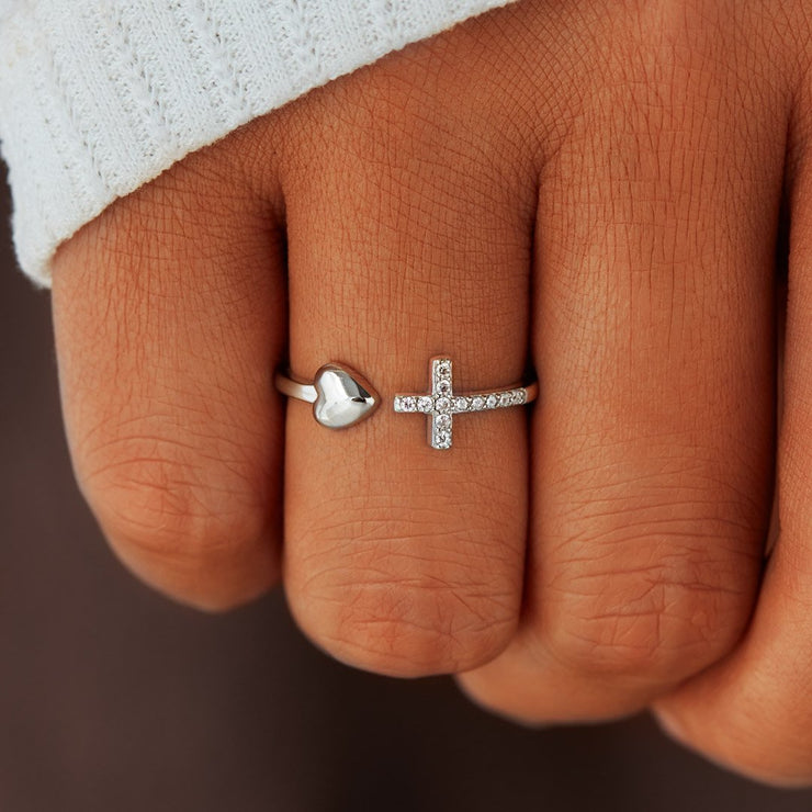 Faith Over Fear Cross and Heart Ring